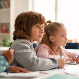 A young boy and girl sitting at a table, writing in notebooks.