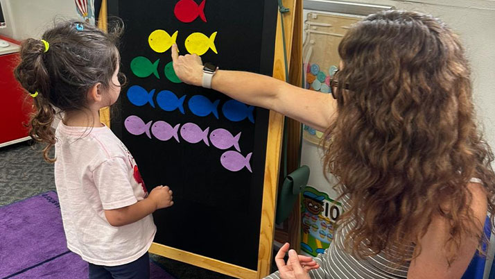 A teacher pointing at a colorful fish chart on a blackboard.